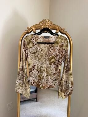 Vintage Y2K Jamie Nicole Collection Brown Green Floral Cheetah Blouse Shirt Top